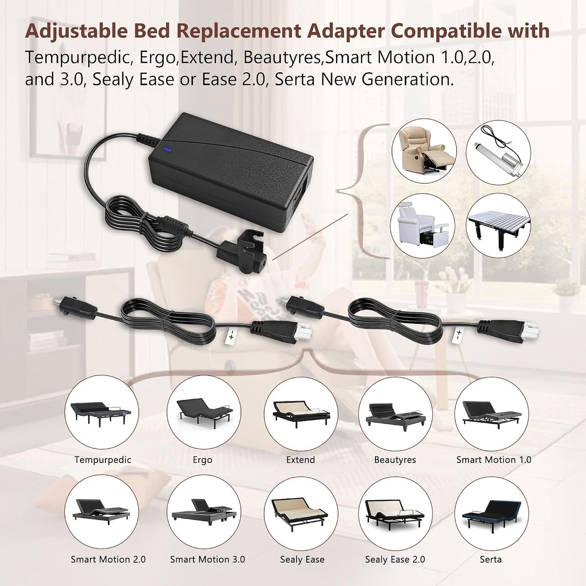 adjustable bed base power supply adapter, electric bed shown in use