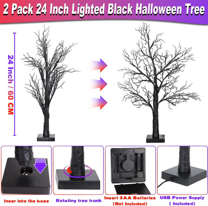 [Timer] 2 Pack Halloween Decorations Indoor, 24 Inch Lighted Black Halloween Tree with 24 Orange & Purple Lights, USB or Battery Powered Spooky Tabletop Tree for Home, Party, Fireplace & Holiday Decor