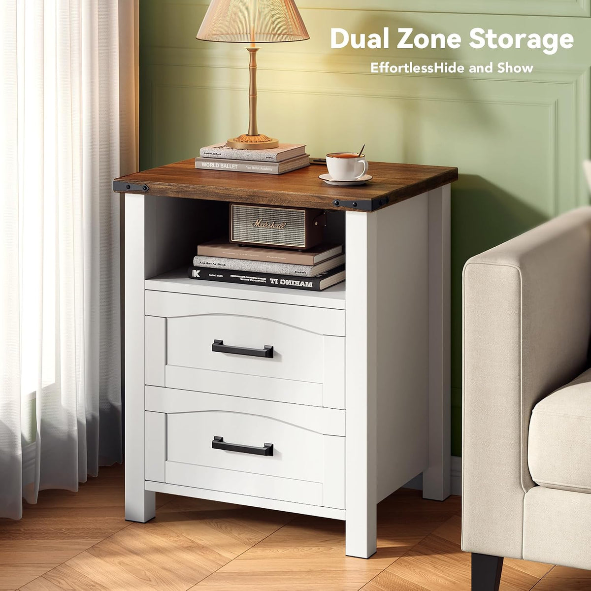 decofy farmhouse nightstand with charging station, 2 drawers showing dimensions