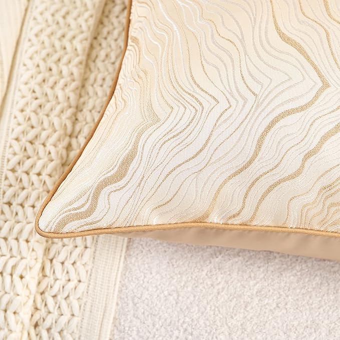 Avigers 18 x 18 Inch Square Beige Gold Abstract Striped Embroidery Cushion Case - Image 5