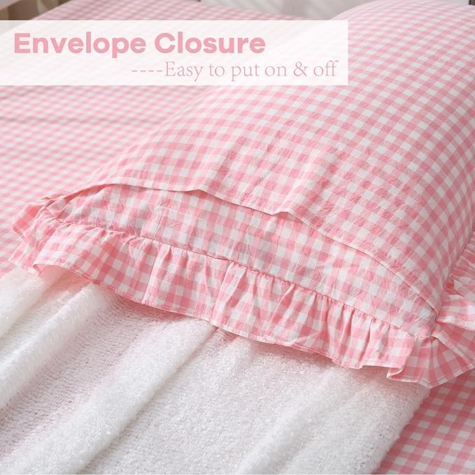 2 Pack Coral Pink White Gingham Ruffle Euro Shams Pillow Covers, 100% Washed - Image 4