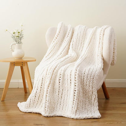 Battilo Cream Chunky Knit Throw Blanket, Soft and Thick White Chenille Throw - Image 3