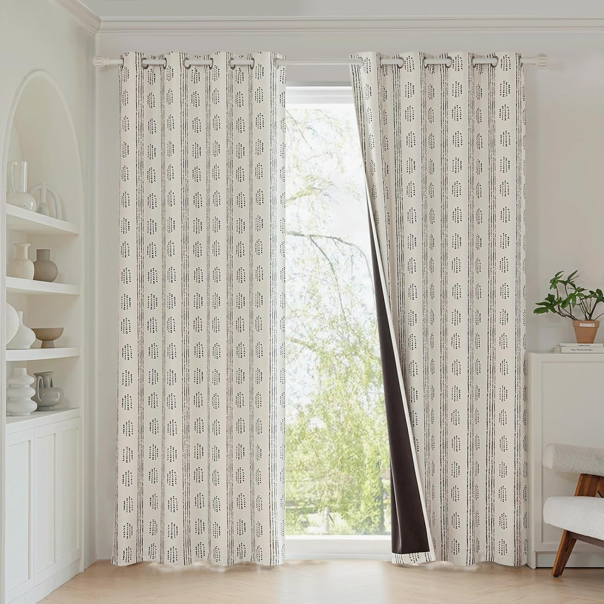 100% blackout black boho curtains, 63 inches, 2 shown in use