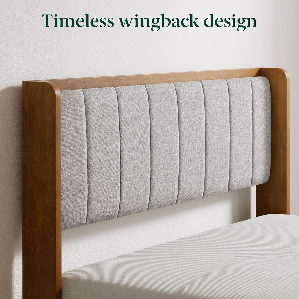 zinus jonas bamboo platform bed frame, wingback headboard showing dimensions