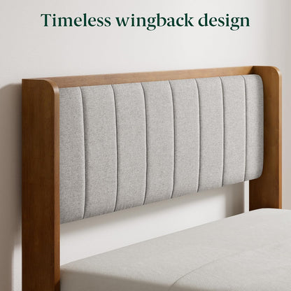 zinus jonas bamboo platform bed frame, wingback headboard showing dimensions