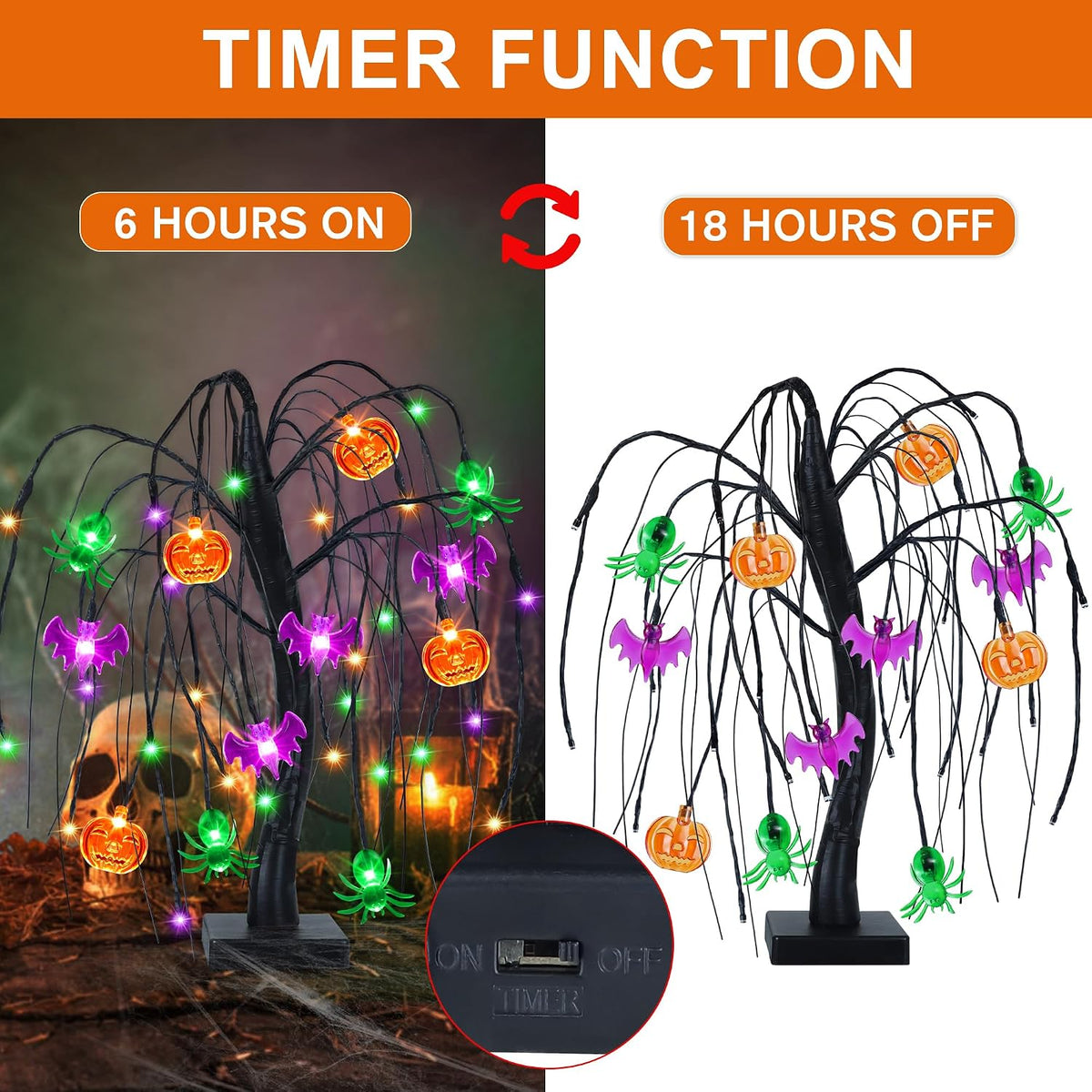 Halloween Table Decor 18 Inch 36 LED Halloween Willow Tree with Pumpkin Bat Spider Lights, Timer/USB/Battery Operated Black Halloween Tree Spooky Halloween Decorations Indoor for Home Party Room Gifts
