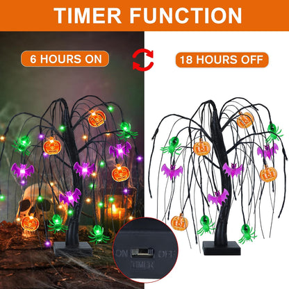 Halloween Table Decor 18 Inch 36 LED Halloween Willow Tree with Pumpkin Bat Spider Lights, Timer/USB/Battery Operated Black Halloween Tree Spooky Halloween Decorations Indoor for Home Party Room Gifts