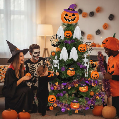 44 Pcs Halloween Tree Ornaments Decorations Witch Hat Pumpkin Tree Topper Pumpkin Bucket Skeleton Skull Ghost Spider Bat Witch Leg Hanging Ornaments Tinsel Garland for Halloween Party Decor