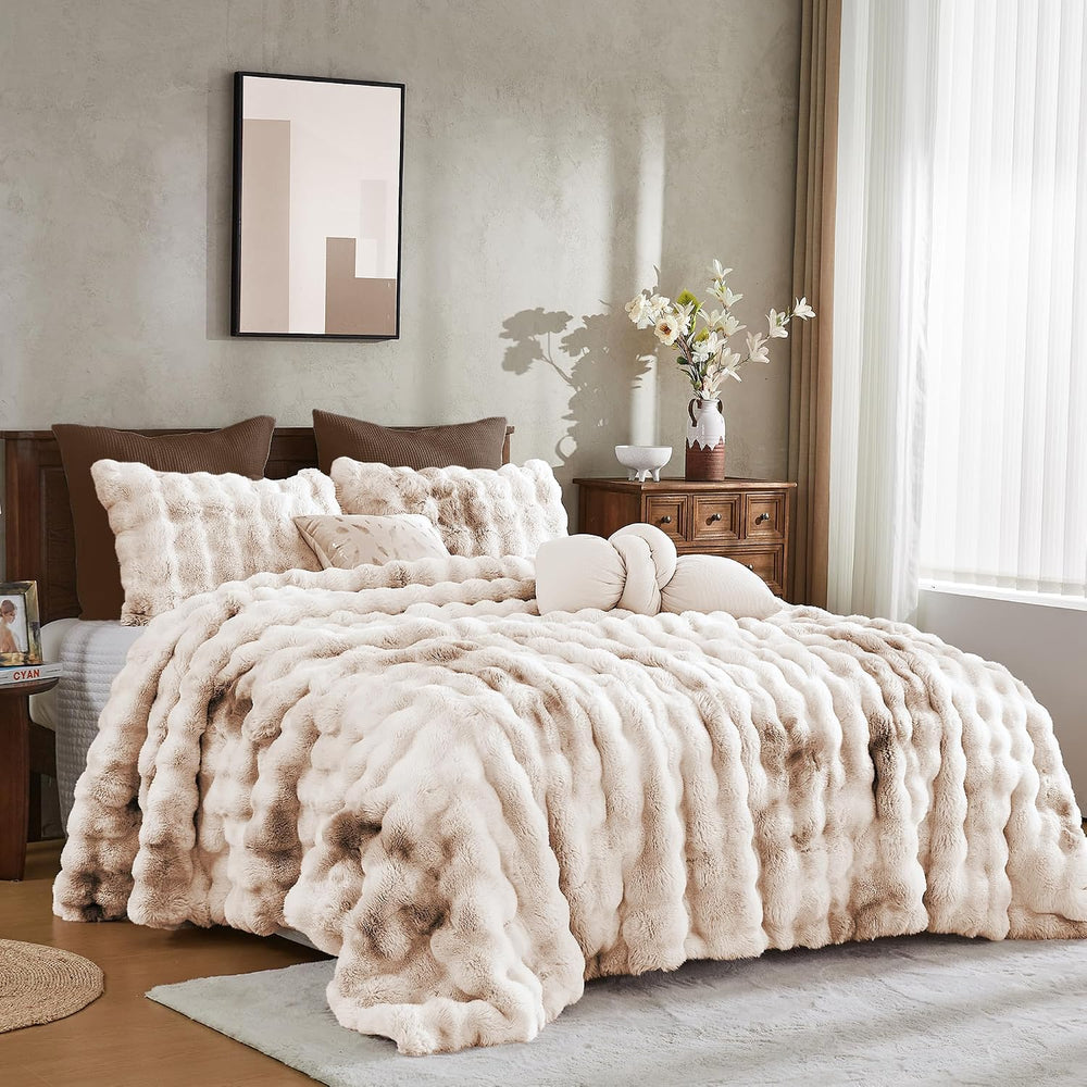 Wonderful - 3D Bubble Tie Dye Faux Rabbit Fur Comforter Set, Queen, Beige