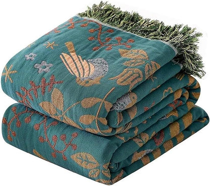 MSGKV 100% Cotton Blanket Boho Throw Blue Warm Couch Sofa Bed Double Sided Knit by MSGKVHomeTextiles