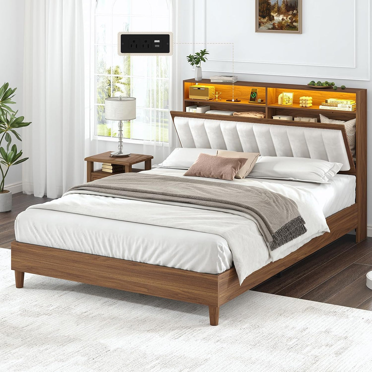 cszzd wood bed frame full size with charging on a desk or shelf