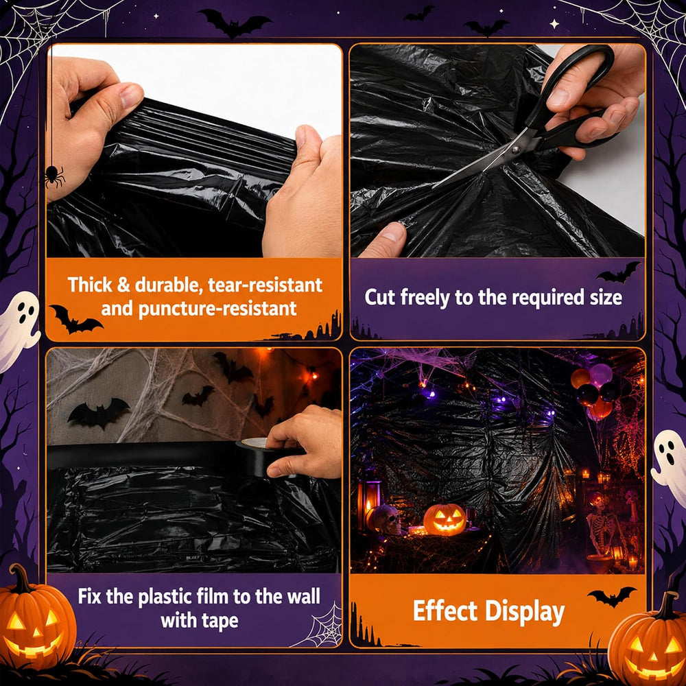49 x 10 Ft Halloween Black Plastic Sheeting, Spooky Backdrop Decoration Kit