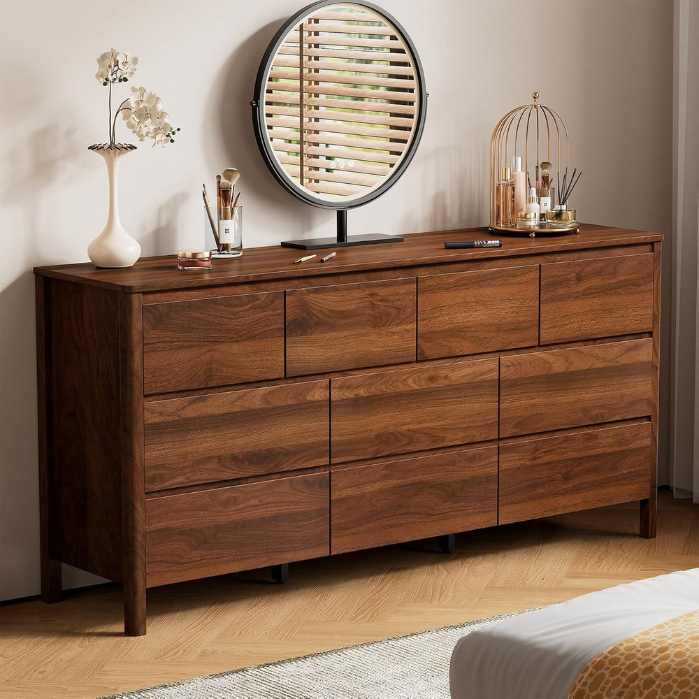 63.1" Wide 10 Drawer Wood Dresser for Bedroom with Legs, Walnut