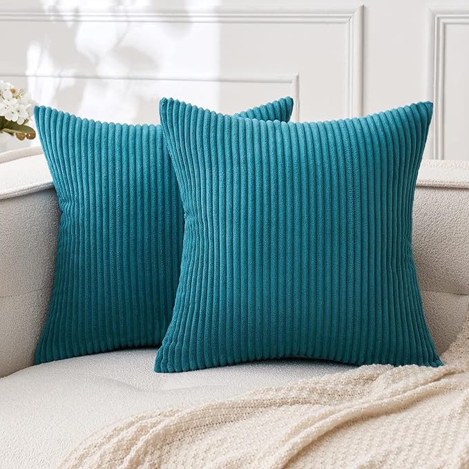 MIULEE Pack of 2 Teal Corduroy Pillow Covers Soft Boho Striped Throw Pillow by MIULEE