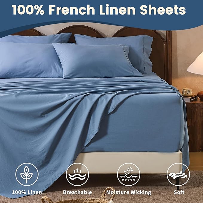 100% Linen Sheet Set King Size Extra Deep Pocket Fits 18-24 Inch Mattress - Image 4