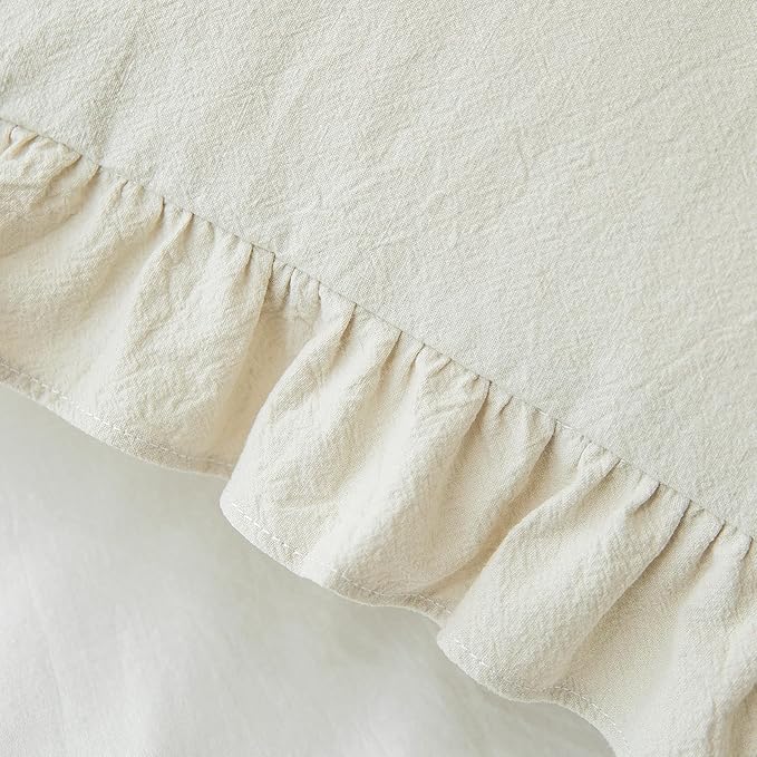 Pillow Shams Set of 2 Washed 100% Cotton Retro Ruffle Flounces Trim Solid Beige - Image 6