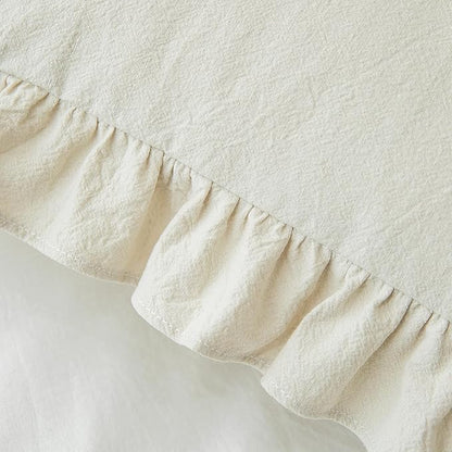 Pillow Shams Set of 2 Washed 100% Cotton Retro Ruffle Flounces Trim Solid Beige - Image 6