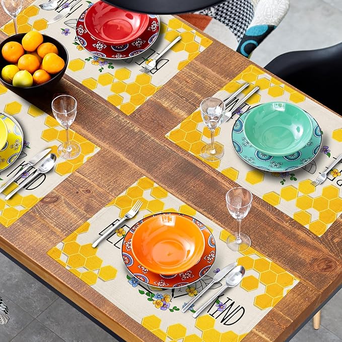 Giwawa Bee Kind Placemats Set of 4-12"x18" Summer Bees Floral Linen Place Mat- - Image 8