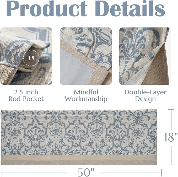 jinchan Linen Valance Curtain for Kitchen Vintage Damask Floral Blackout - Image 6