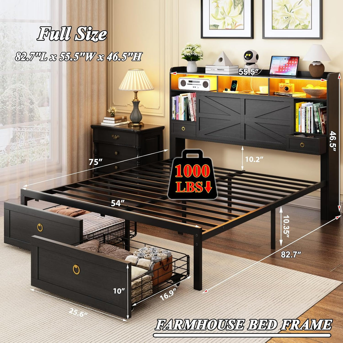 full bed frame with storage headboard, farmhouse platform shown in use