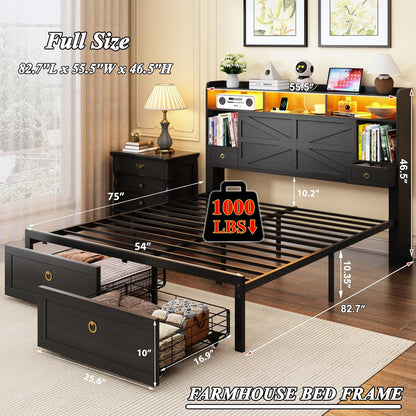 full bed frame with storage headboard, farmhouse platform shown in use