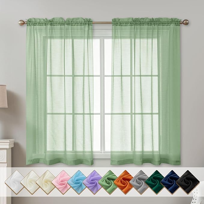Sage Green Sheer Curtains 54 Inch Length, Privacy Semi Sheer Curtains by ABLUEN