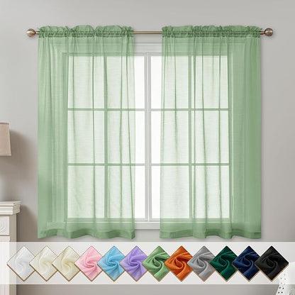 Sage Green Sheer Curtains 54 Inch Length, Privacy Semi Sheer Curtains by ABLUEN