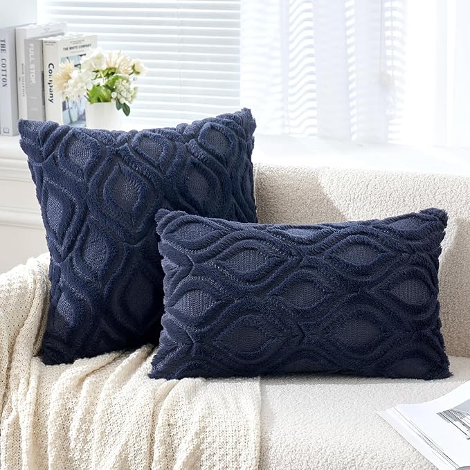 MIULEE Navy Blue Throw Pillow Covers 12x20 Inch, Soft Winter Plush Faux Wool - Image 2