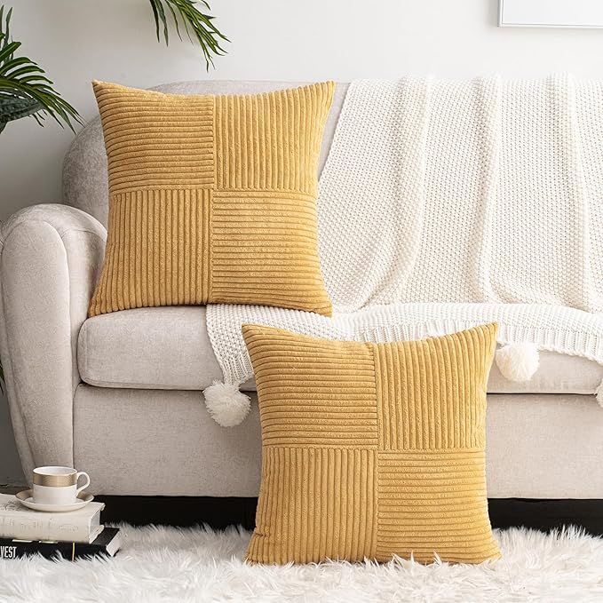 HWY 50 Mustard Yellow Corduroy Patchwork Throw Pillow Covers 18x18 Inch - Image 6