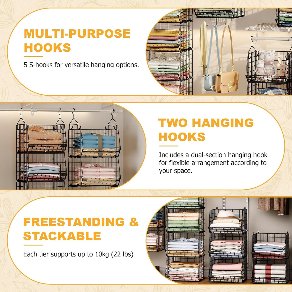 x-cosrack 3-tier hanging closet organizer, laundry room organization, front angle view