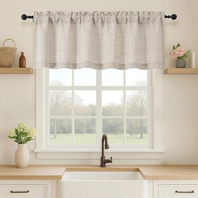 OVZME Valance for Windows, Light Filtering Faux Linen Textured Small Kitchen by OVZME