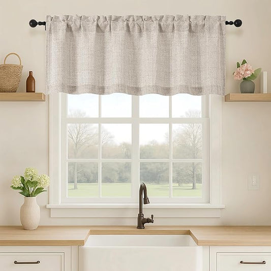 OVZME Valance for Windows, Light Filtering Faux Linen Textured Small Kitchen by OVZME