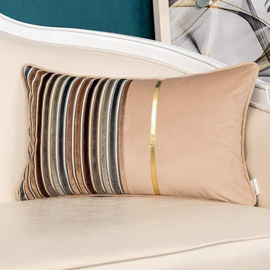 Yangest Brown Striped Patchwork Throw Pillow Cover Gold Leather Cushion Cover by Yangest