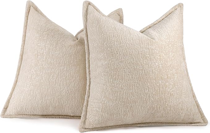 Pack of 2 Beige Decorative Throw Pillow Covers 18x18 Cozy Soft Chenille Boho - Image 5