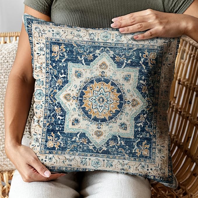 Bohemian Pillow Covers | Vintage Floral & Carpet Design | Double Sided Blue - Image 5