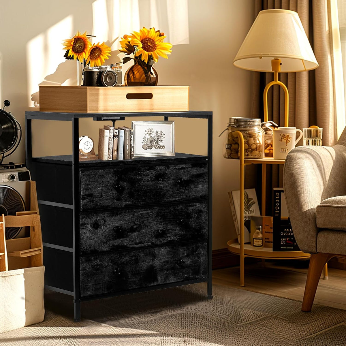 3-drawer led nightstand with charging station, black. on a desk or shelf
