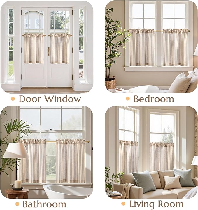 jinchan Striped Linen Kitchen Curtains 24 Inches Length Tier Curtains Farmhouse - Image 4