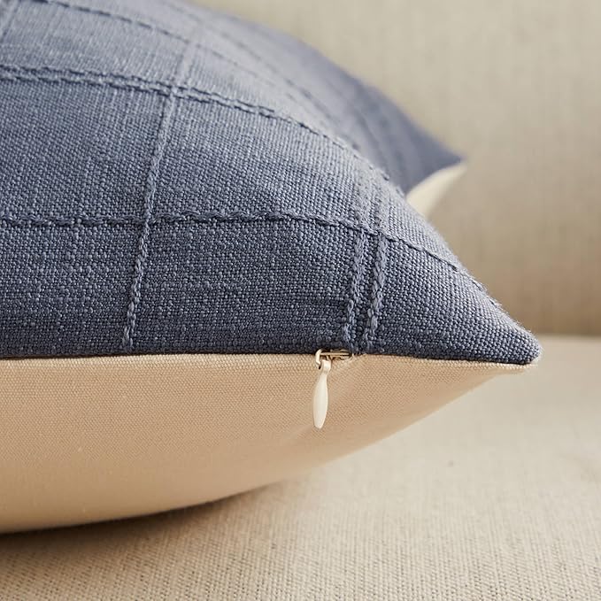 ZeeMart Linen Checked Throw Pillow Covers Set of 2, 20x20 Inch Blue/Cream - Image 3