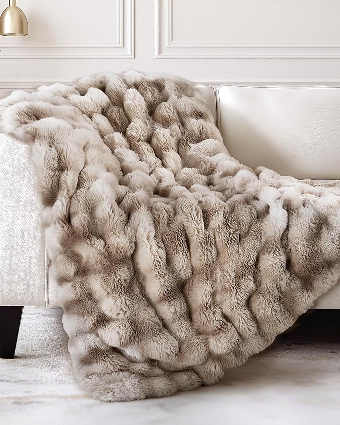 Ultra Soft Cozy Faux Fur Throw Blanket, Fuzzy Plush Thick Bubble Blanket - Image 6