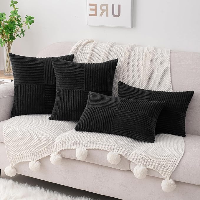HWY 50 Black Corduroy Patchwork Throw Pillow Covers 12x20 Inch Rectangle - Image 8