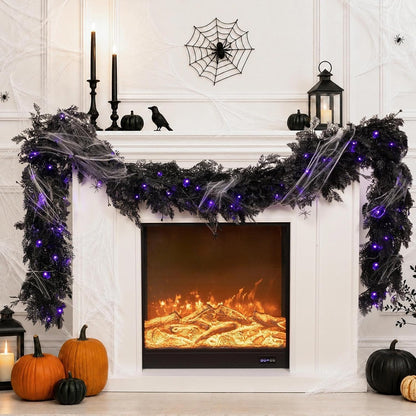 Pre-lit Halloween Garland Decorations Black Real Touch Cedar Cypress with Berry & Spider & Spiderweb Halloween Garland for Mantle, Fireplace, Table, Stairs, Door, Indoor Outdoor Decor, 9FT