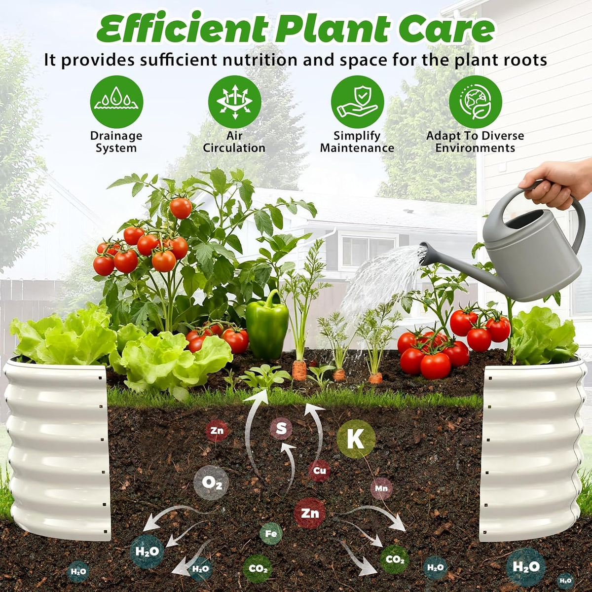 17" tall oval-shaped / elliptic metal raised garden, close-up detail