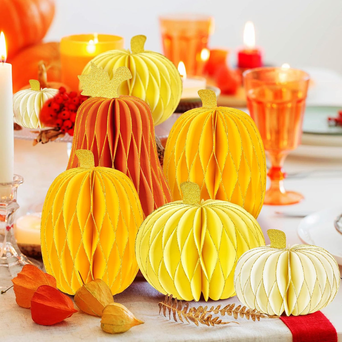 SUBEAUTY 8 PCS Pumpkin Honeycomb Centerpieces Fall Pumpkin Party Decoration Thanksgiving Centerpieces for Tables Orange Honeycomb Decorations for Halloween Autumn Festival Party Decor