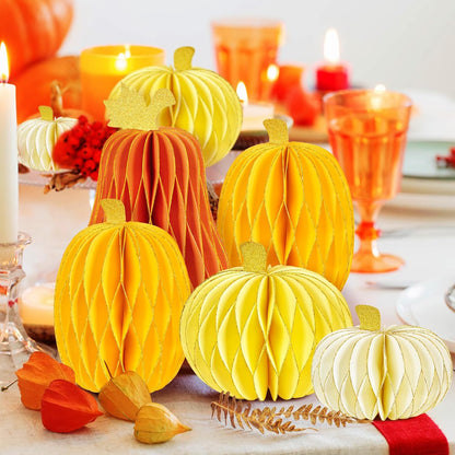 SUBEAUTY 8 PCS Pumpkin Honeycomb Centerpieces Fall Pumpkin Party Decoration Thanksgiving Centerpieces for Tables Orange Honeycomb Decorations for Halloween Autumn Festival Party Decor