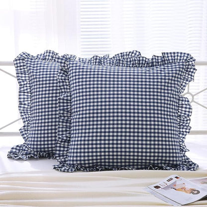2 Pack Navy Blue White Plaid Ruffle Euro Gingham Throw Pillow Covers, 100% - Image 7
