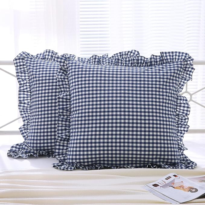 2 Pack Navy Blue White Plaid Ruffle Gingham Euro Shams Pillow Covers, 100% - Image 7