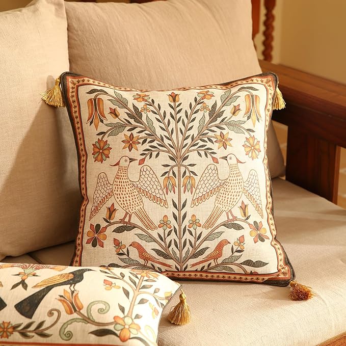 Square Brown Throw Pillow Covers, Floral Farmhouse Yellow Birds Flower Pattern - Image 2