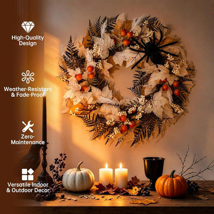 24" Halloween Wreath for Front Door with Spider, Maple Leaf