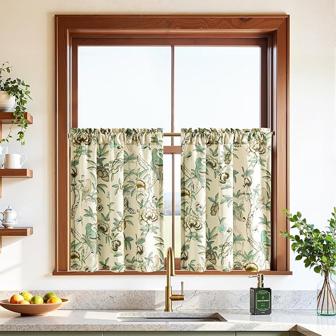 Leeva Floral Print Short Window Curtains, Farmhouse Style Soft Faux Linen Half by Leeva