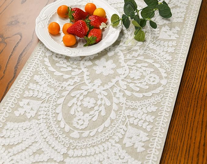 KEVA Boho Table Runner 110inches Long, Farmhouse Rustic Vintage White - Image 3
